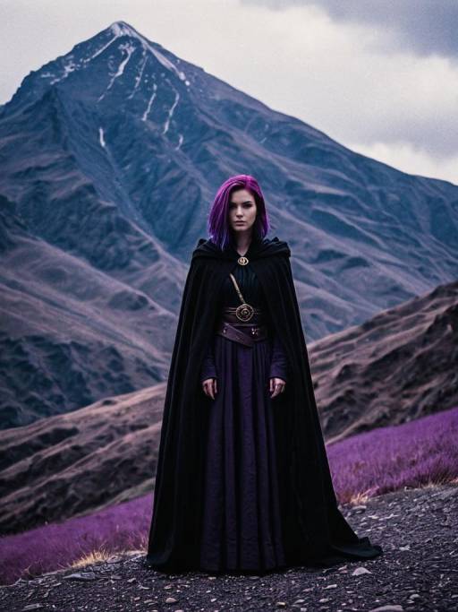 Woman with Purple Hair in Black Cloak by Mountain