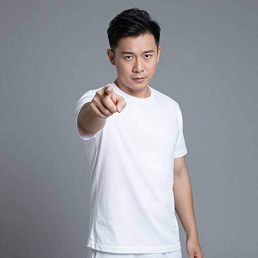 Photograph of an Asian man with short black hair, wearing a plain white t-shirt, pointing directly at the camera against a gray background.