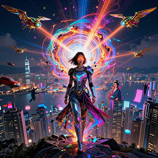 Digital artwork of a futuristic female warrior with glowing armor, surrounded by neon cityscape, flying drones, and colorful energy rings.