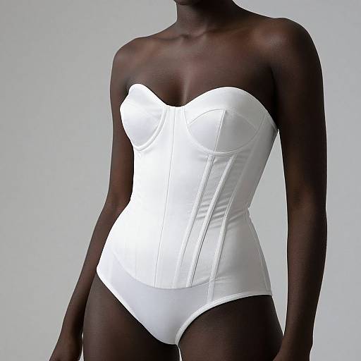 Photograph of a dark-skinned woman wearing a white strapless corset, highlighting her slim, toned physique against a plain gray background.