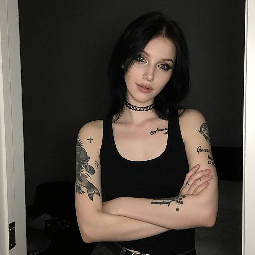 Photograph of a pale-skinned woman with black hair, wearing a black tank top and choker, crossing arms, showcasing tattoos, in a dark