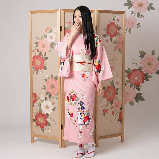 Elegant Asian Woman in Floral Kimono