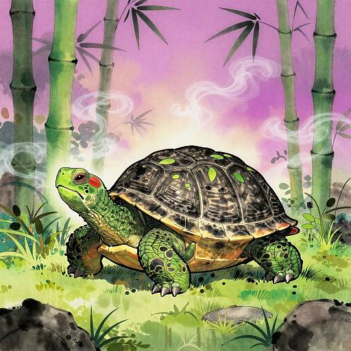 Digital illustration of a green turtle with red markings, standing in a vibrant bamboo forest with purple and pink gradient sky, surrounded by glowing mist and grass.