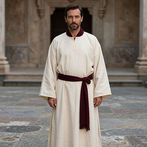 Photograph of a bearded man with dark hair, wearing a white robe with a maroon sash, standing in front of a stone building.