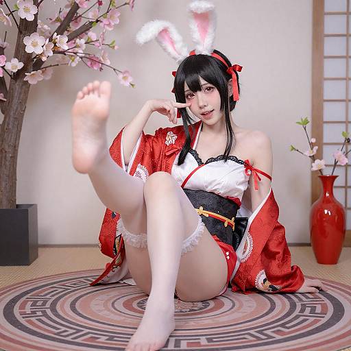 Anime Woman in Kimono with Bunny Ears