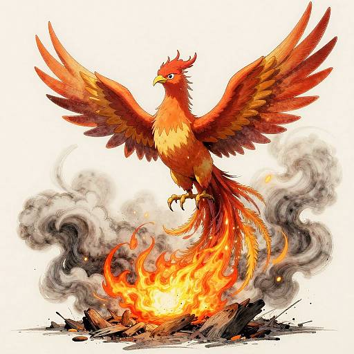 Digital illustration of a vibrant red and orange phoenix with outstretched wings, emerging from a blazing fire with black smoke.