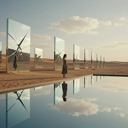 Photograph of a woman in a black dress walking on a sandy path with reflective glass cubes, mirrored in a still water pool, under a cloudy sky