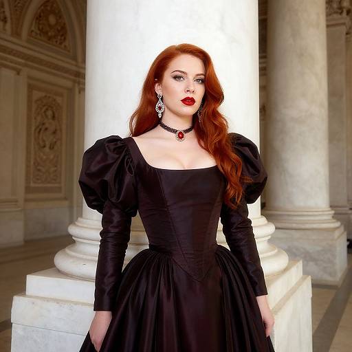 Photograph of a pale-skinned, red-haired woman with red lipstick, wearing a black, puffed-sleeve, Victorian-style dress, ch