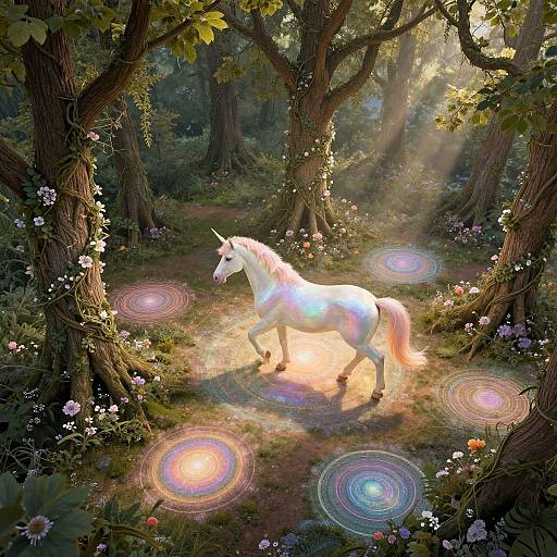 Digital fantasy artwork of a glowing white unicorn with rainbow light trails, standing in a sunlit, enchanted forest surrounded by flowers and vines.