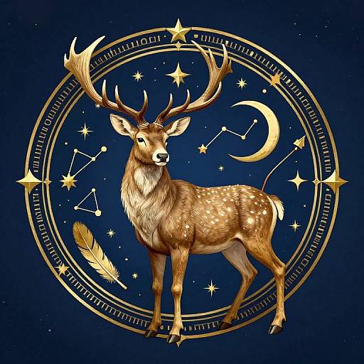 Digital illustration of a majestic, golden-brown deer with large antlers, standing in a circular, starry, celestial-themed blue background.