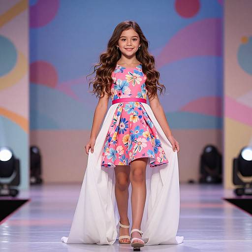 Photograph of a young girl with long brown hair, wearing a pink floral dress with white overlay, walking on a colorful runway.