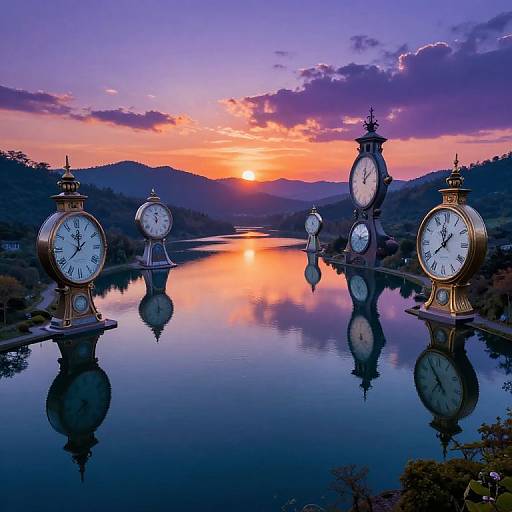 Photograph of a serene lake at sunset with five ornate, gold-cased clocks on stilts, their reflections perfectly mirrored in the calm water,