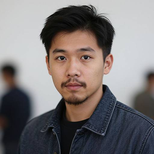 Photograph of an Asian man with short black hair, thin mustache, wearing a dark denim jacket over a black shirt, against a blurred white background