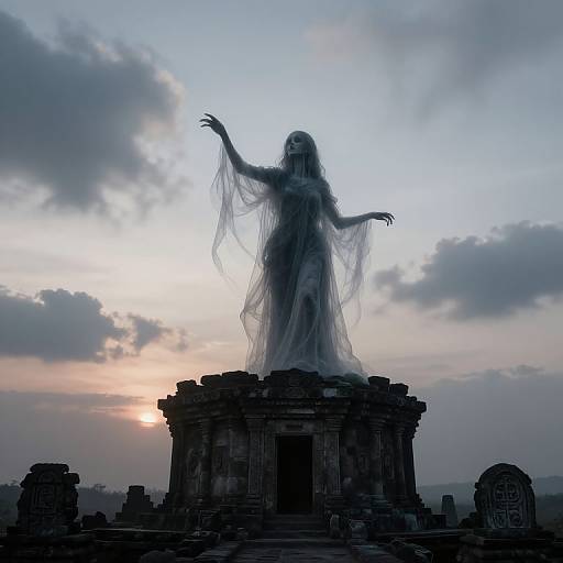 Photograph of a ghostly, ethereal statue with flowing, translucent robes, standing on a ancient stone pedestal at sunset, with clouds and distant mountains