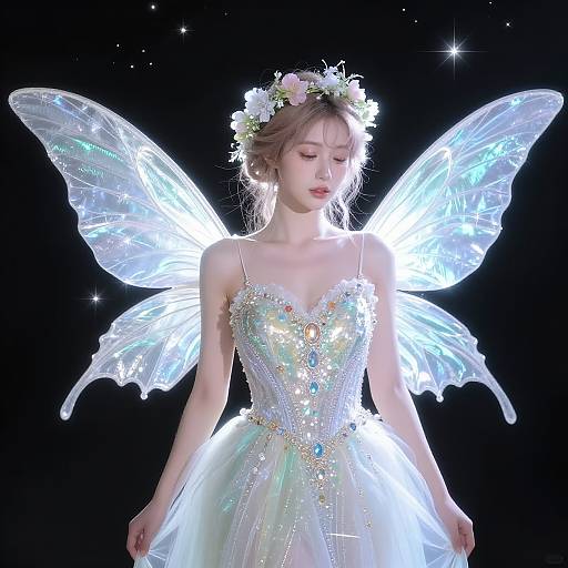 Photograph of a fair-skinned, blonde fairy with glowing, translucent wings, wearing a sparkly, white, strapless gown and floral crown,