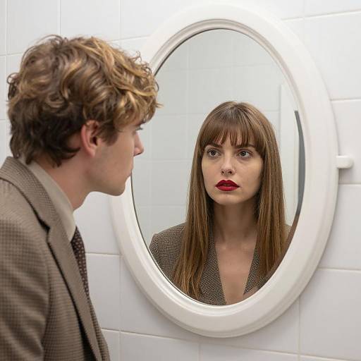 Man Looking in Mirror with Woman's Reflection