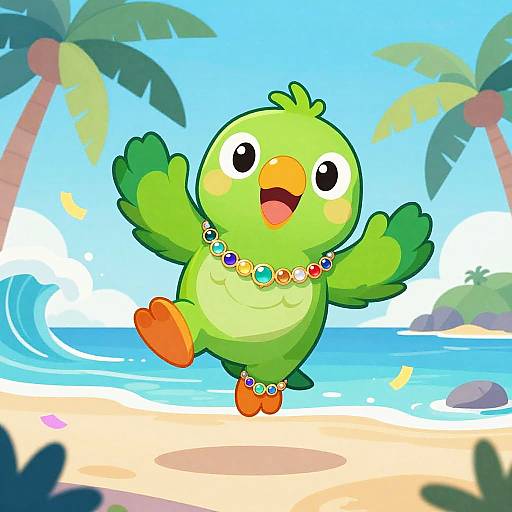 Cartoon green parrot with colorful bead necklace, orange feet, and yellow beak joyfully jumping on sunny beach with palm trees. Bright, playful