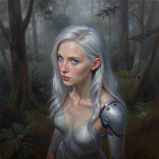 Digital painting of a pale-skinned, blue-eyed woman with long silver hair, wearing silver armor, in a dark, misty forest. Her expression
