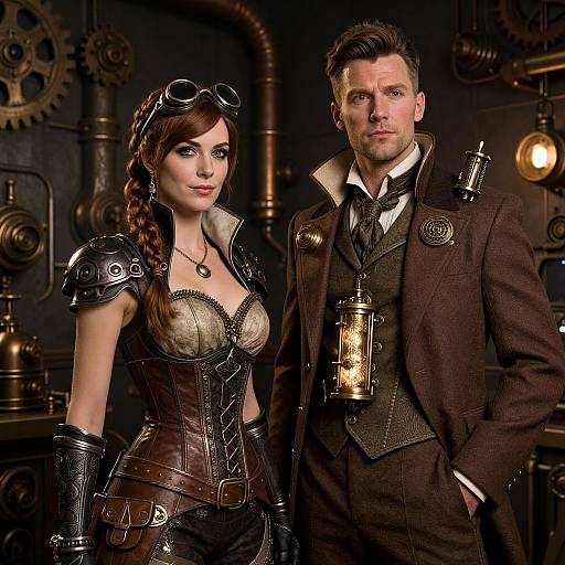 Photograph of a steampunk couple; a woman with brown braided hair, leather gloves, corset, and goggles, and a man in