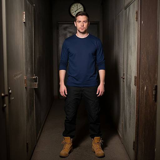 Contemplative Man in Dim Corridor