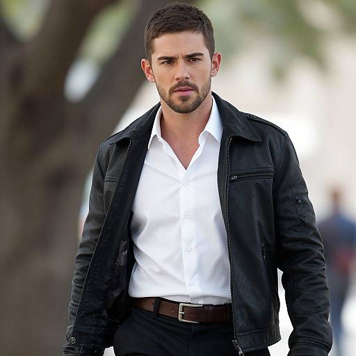 Photograph of a handsome, bearded man with short brown hair, wearing a black leather jacket over a white dress shirt, standing outdoors with a blurred