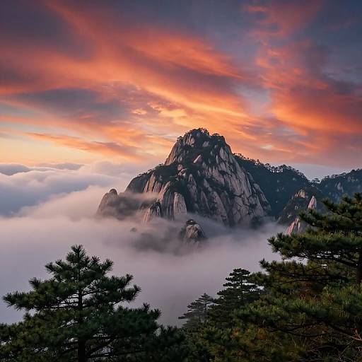 Photograph of a dramatic mountain peak shrouded in mist, with vibrant orange and pink clouds in the sky, framed by dark green pine trees.