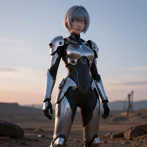 CGI image of a silver-haired, blue-eyed woman in a futuristic, armored bodysuit standing in a desert at sunset. Background: rocky terrain