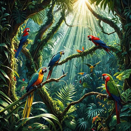 Colorful Parrots in Enchanted Tropical Rainforest