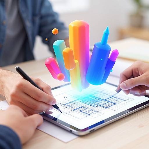 Photograph of hands using a glowing digital tablet, displaying colorful, neon-like 3D geometric shapes on a bright white grid background.