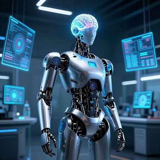 Photorealistic CGI of a futuristic, silver humanoid robot with glowing blue holographic screens in a high-tech lab, showcasing advanced technology and sleek, metallic