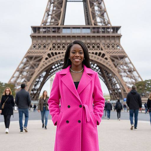 Photograph of smiling Black woman in bright pink coat standing in front of Eiffel Tower, Paris; background includes blurred pedestrians.