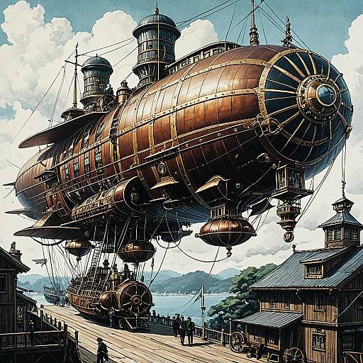 Detailed Steampunk Airship in Manga Style