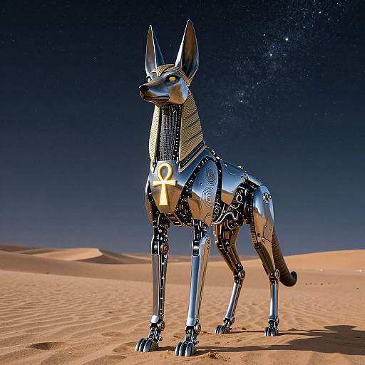 Digital artwork of a shiny, robotic Anubis dog with an Egyptian ankh symbol on its chest, standing in a desert under a starry night