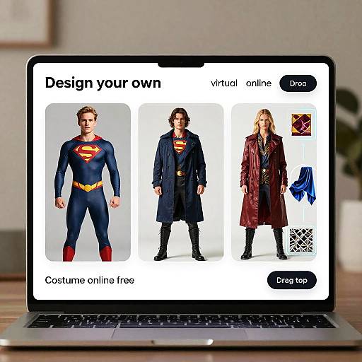 Photograph of a laptop screen displaying a costume design app, featuring Superman, dark Superman, and a brown coat with virtual try-on options.