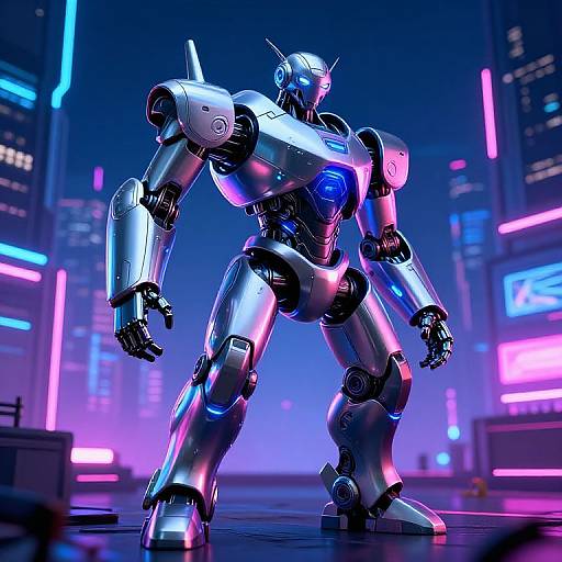 CGI image of a futuristic, silver robotic warrior standing in a neon-lit cityscape with blue and pink neon lights.