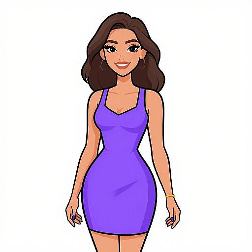 Digital cartoon of a smiling woman with medium-length brown hair, wearing a tight, sleeveless purple dress, large hoop earrings, and a gold bracelet,