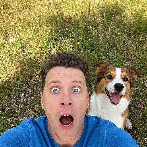 Photograph of a surprised man with wide eyes and open mouth, wearing a blue shirt, standing next to a happy brown and white dog on sunny grass