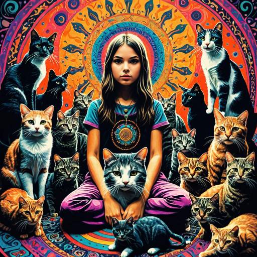 Young Girl Surrounded by Mystical Cats in Psychedelic Colors