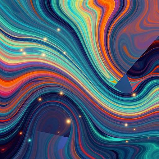 Abstract digital art with swirling, colorful waves in blue, orange, and red, dotted with white stars, and a blue triangle.