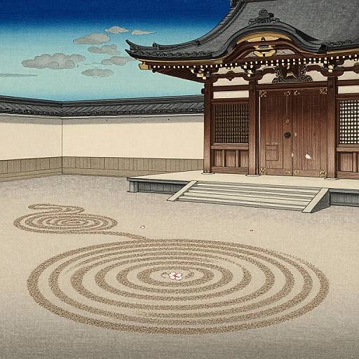 Digital illustration of a traditional Japanese temple with intricate wooden doors, a spiral pebble garden, and a blue sky with clouds.