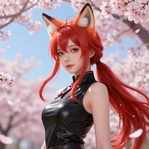 Digital anime-style artwork of a red-haired fox-girl with orange fox ears, wearing a black sleeveless top, surrounded by cherry blossoms.