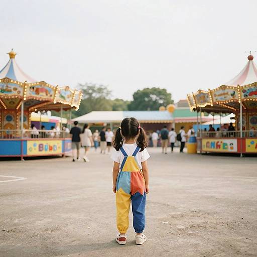Photograph of a young girl with pigtails, wearing a white shirt, yellow pants, blue backpack, and white shoes, standing alone in front