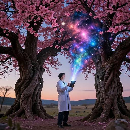 Photograph of a scientist in a white lab coat, holding a tablet, standing under a glowing, starry cherry blossom tree at sunset.