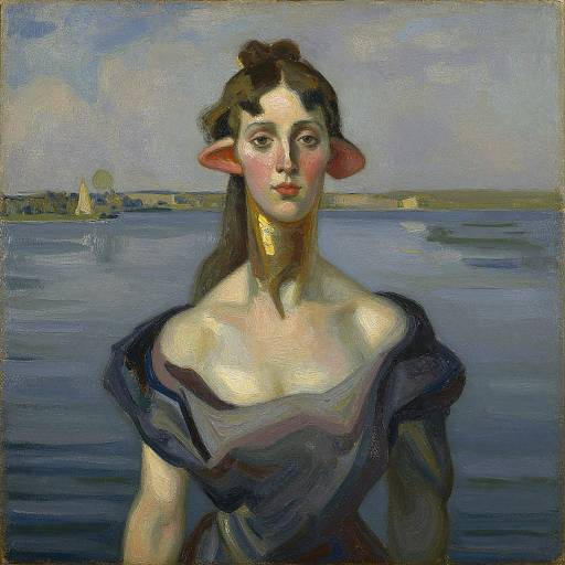 Impressionist painting of a fair-skinned woman with elf-like ears, dark hair, red lips, gold necklace, blue off-shoulder dress