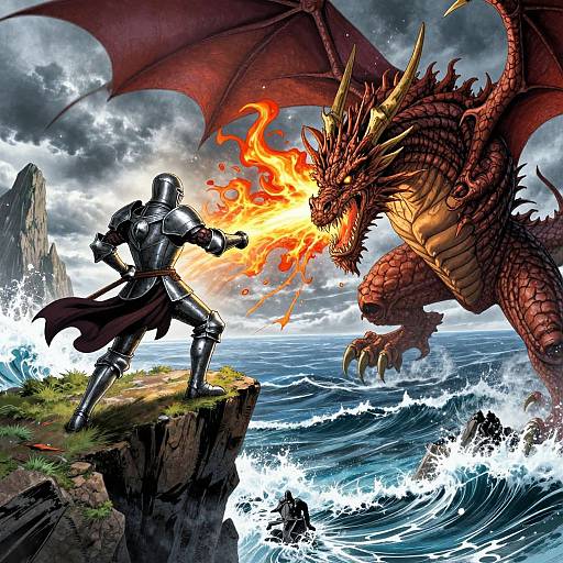 A knight in metal armor on a cliff fires a magical flame at a red dragon over a stormy ocean. Dynamic, colorful digital art.