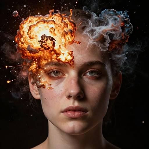 Photograph of a young woman with pale skin and curly brown hair, her head engulfed in an intense orange and black fire explosion against a dark,