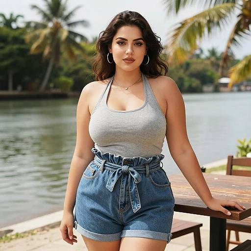 Curvy Woman in Tropical Riverside Setting