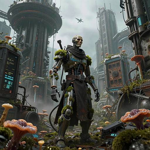 Futuristic Salvager-Priest in Overgrown Biotech Ruins