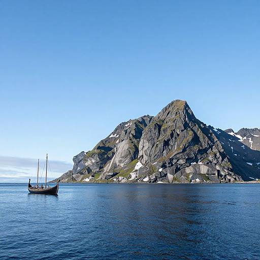Photograph of a tranquil seascape with a sailboat on calm blue water, set against a rocky, mountainous island under a clear, bright blue