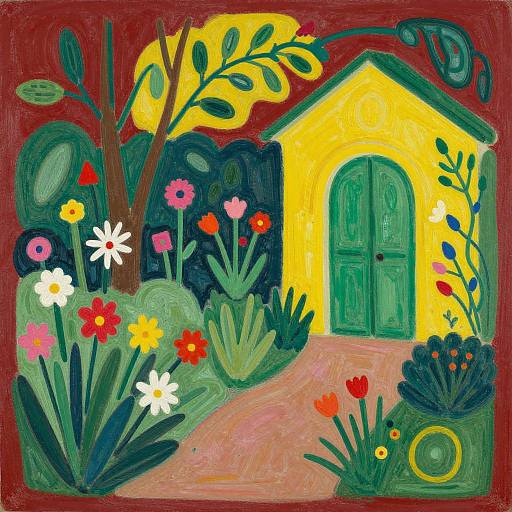 Vibrant, whimsical painting of a yellow house with green doors, surrounded by colorful flowers, lush greenery, and a winding path.